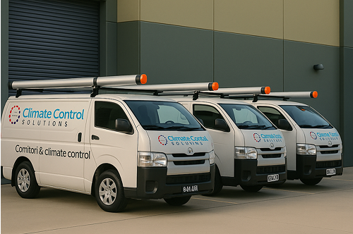 Three company vans parked outside a Melbourne building, displaying HVAC service logos.