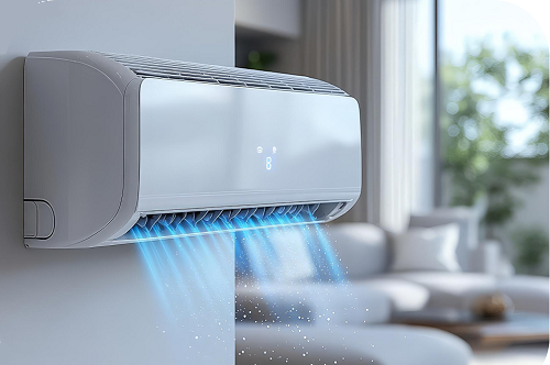Air conditioner releasing cool air, shown with visual blue airflow graphics.