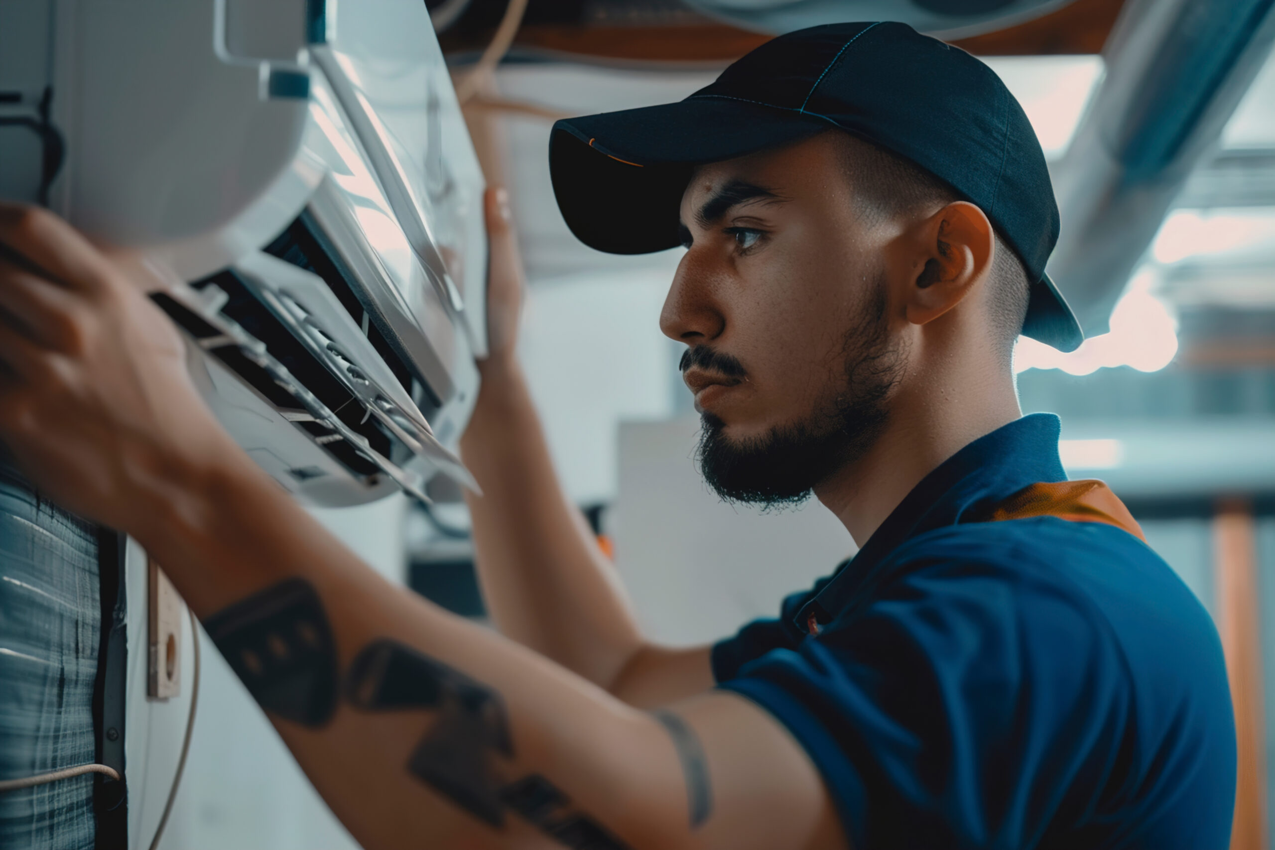 Technician working on the indoor unit of a wall mounted split system