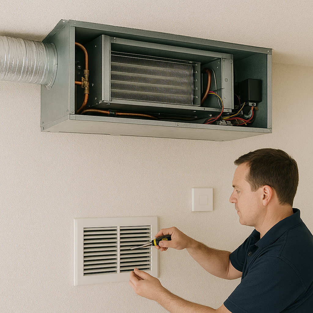 Technician carrying out a ducted heating service in a Melbourne home