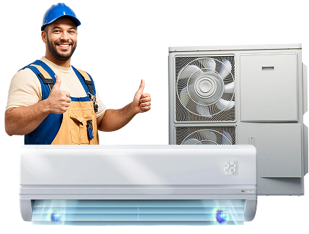 Man giving thumbs up between two air conditioning units in a Melbourne home.