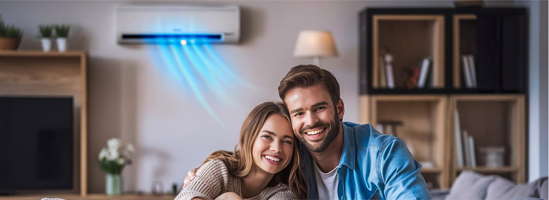 Couple sitting together in front of a wall-mounted air conditioner blowing cool air in a Melbourne home.