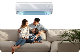 Family sitting together with a wall-mounted air conditioner behind them in a Melbourne home.