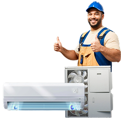 Man giving thumbs up between two air conditioning units in a Melbourne room.