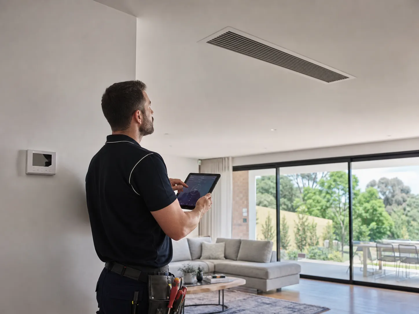 Technician commissioning an ActronAir ducted air conditioning system in Melbourne