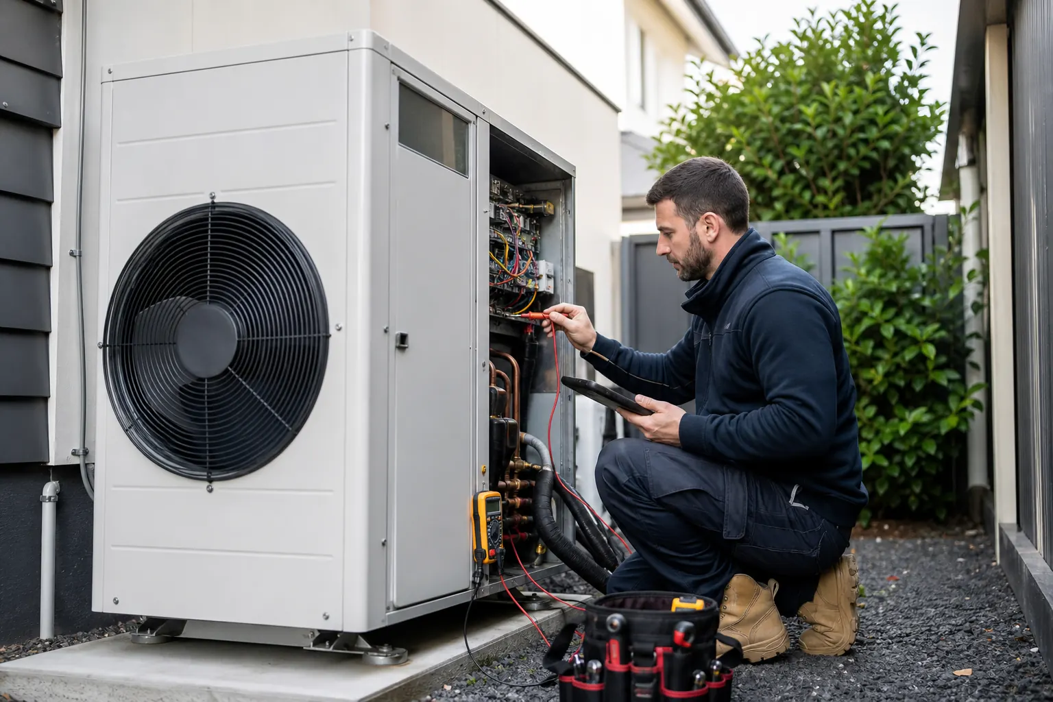 Technician servicing an ActronAir ducted outdoor unit in Melbourne