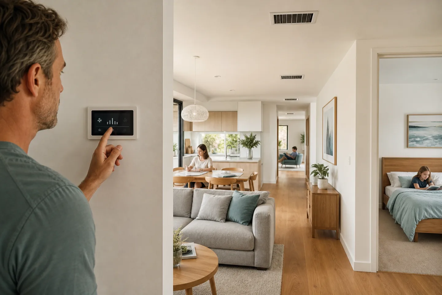 Homeowner adjusting a smart ducted air conditioning zoning controller in a Melbourne family home
