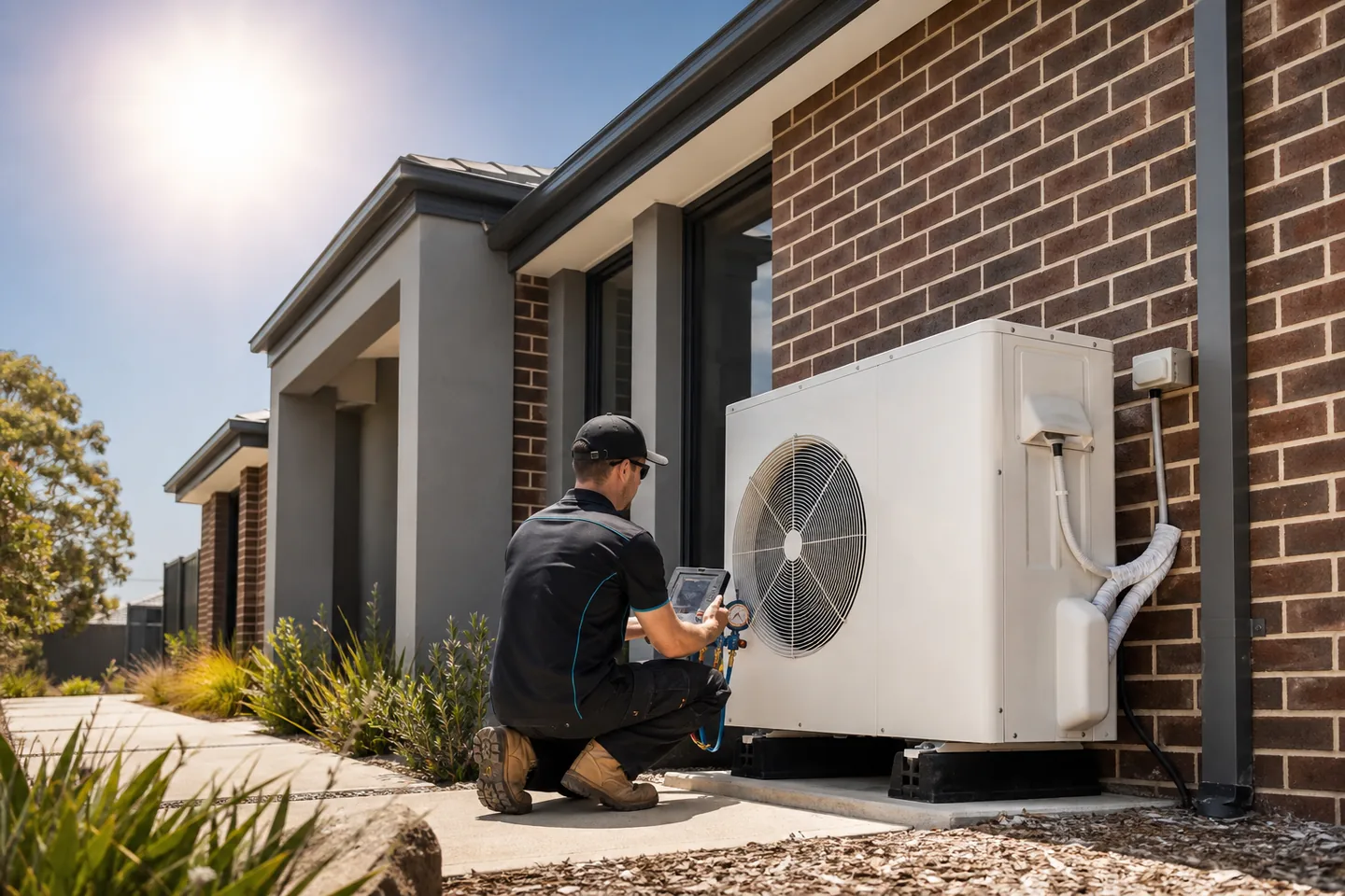 HVAC technician commissioning a ducted air conditioning outdoor unit at a Melbourne home in summer