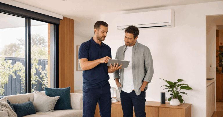 HVAC technician helping a Melbourne homeowner compare air conditioning options