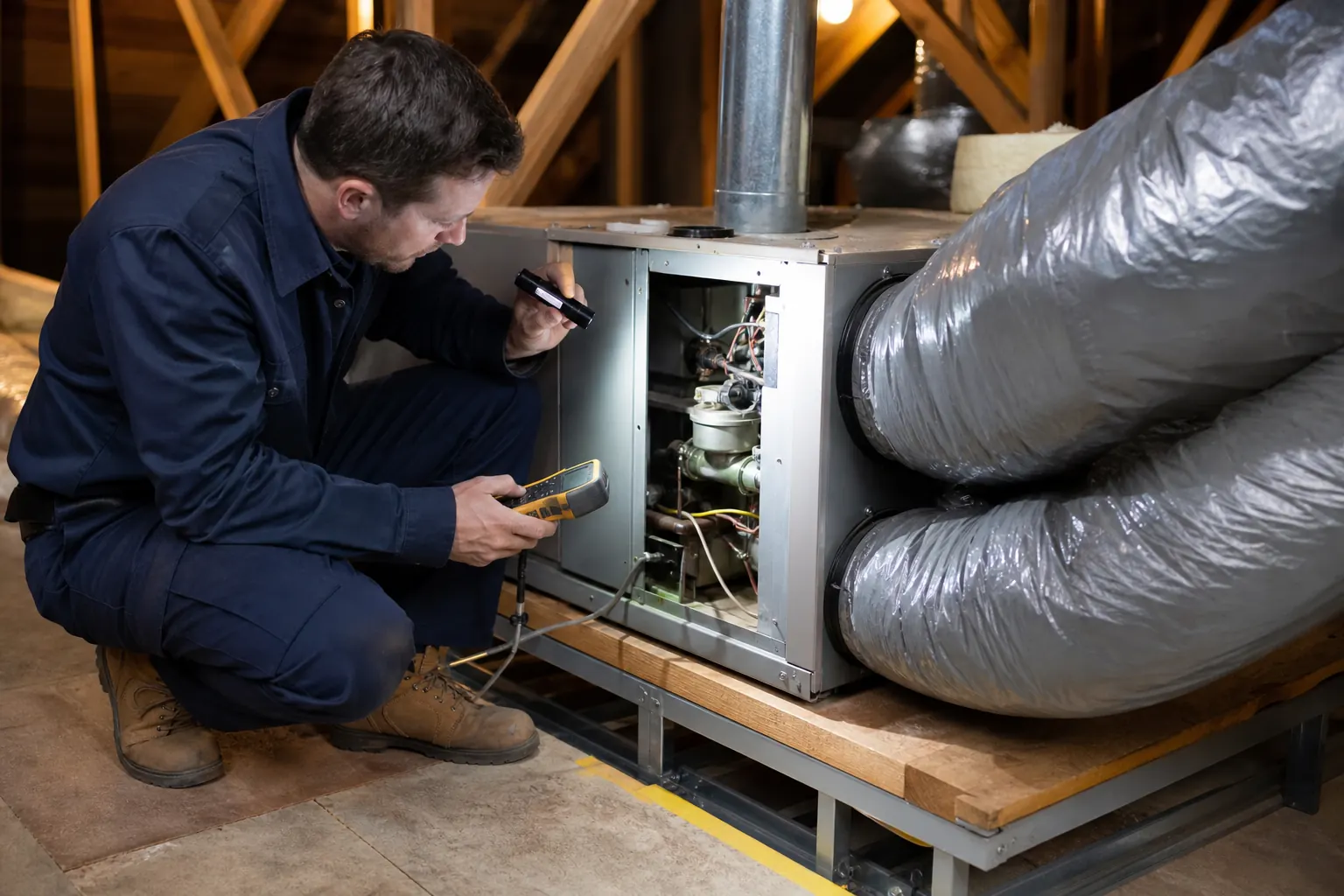 Technician servicing Braemar ducted heating equipment in Melbourne
