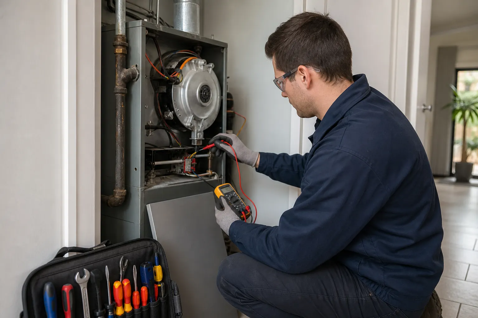Technician servicing a Brivis gas ducted heater in Melbourne