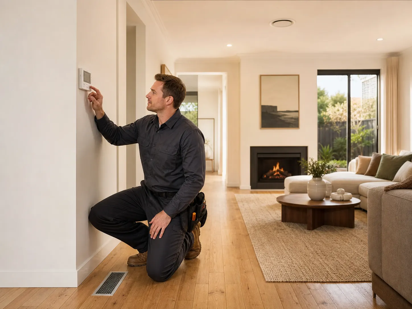 Technician checking a Brivis ducted heating controller in a Melbourne home