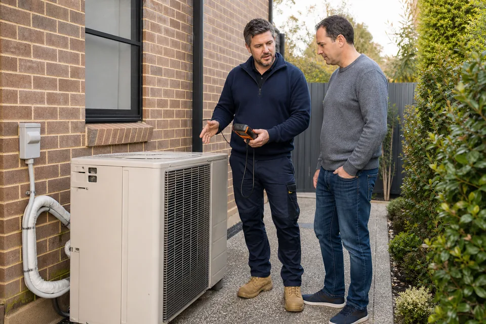 Technician explaining Carrier air conditioner repair options beside an outdoor unit