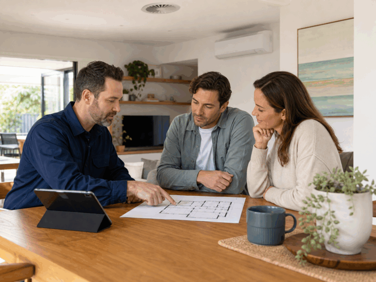 HVAC technician helping homeowners choose an air conditioning system using their floor plan