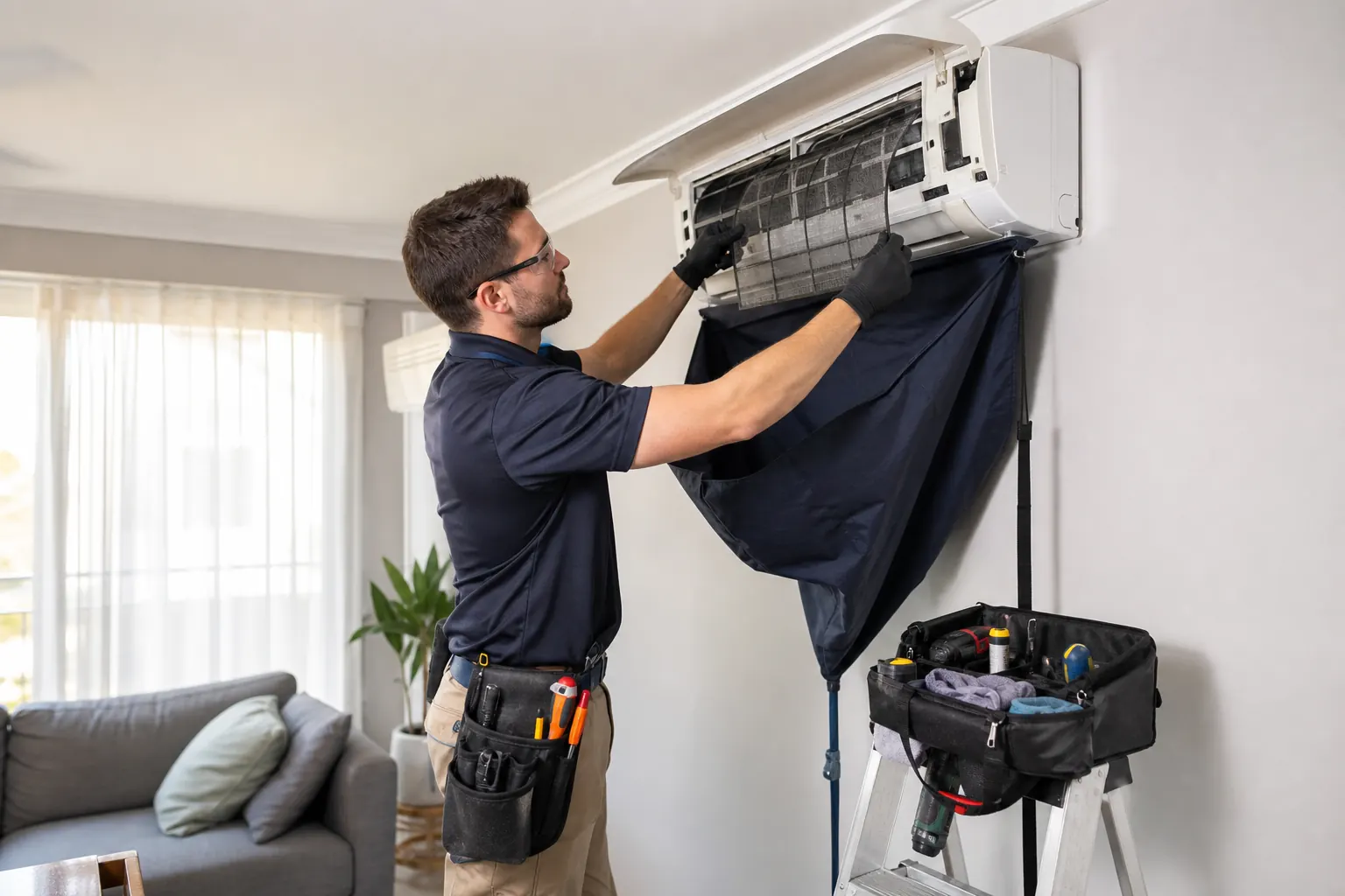 Technician servicing a Daikin wall-mounted split system in Melbourne