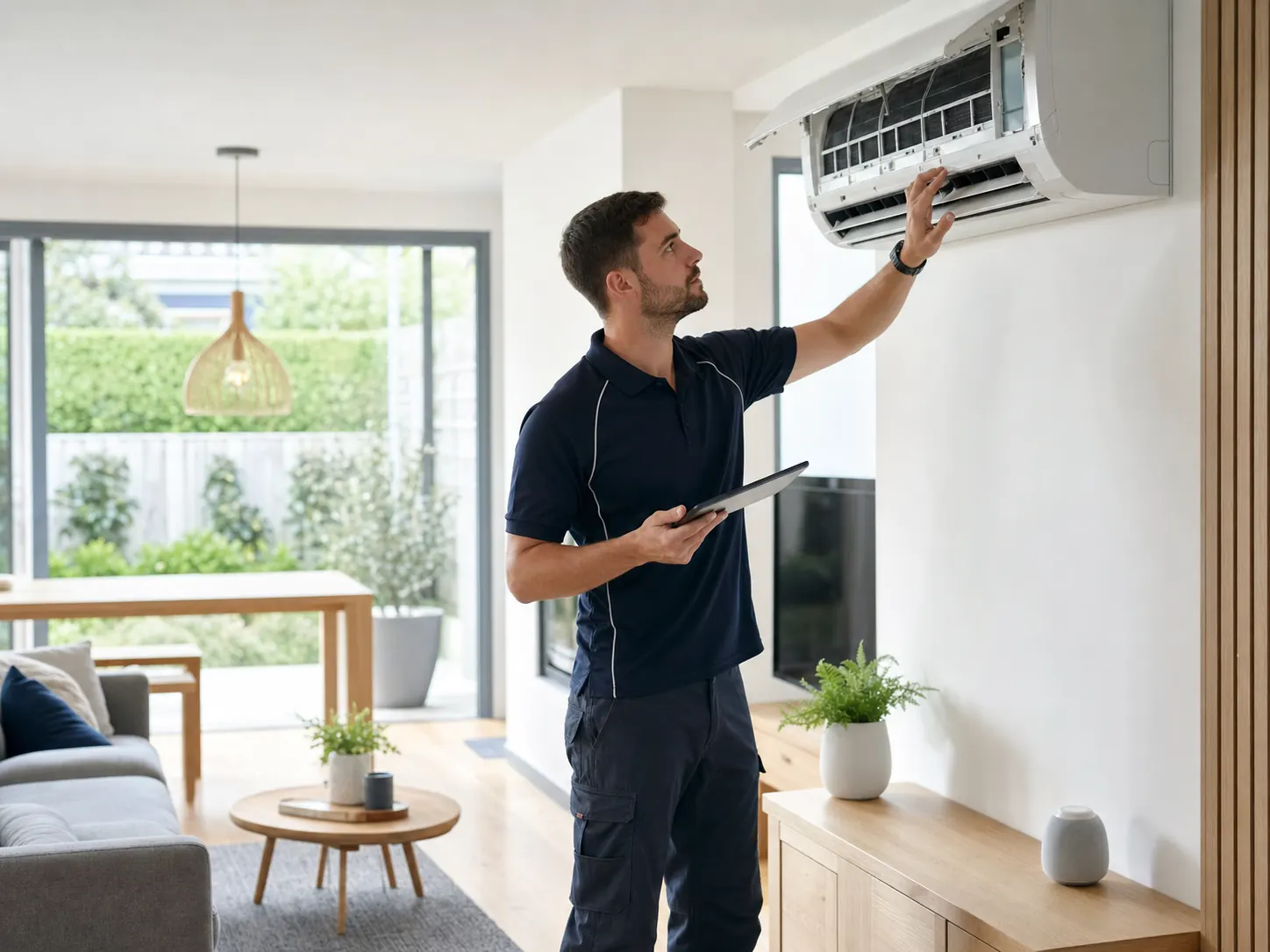 Technician checking a Daikin split system air conditioner in a Melbourne home