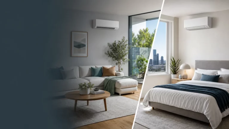 Two premium wall-mounted air conditioners compared in a Melbourne living room and bedroom