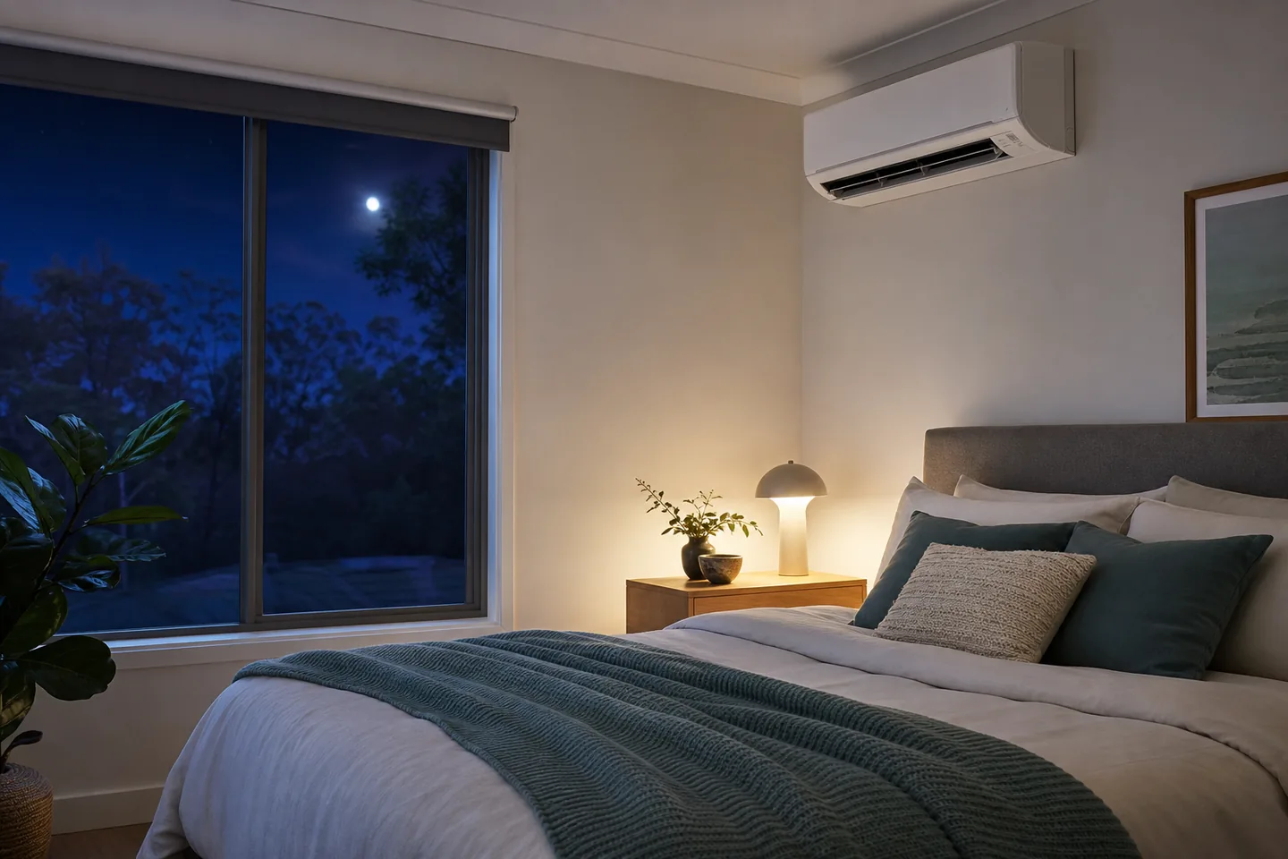 Quiet wall-mounted split system air conditioner operating in a Melbourne bedroom at night