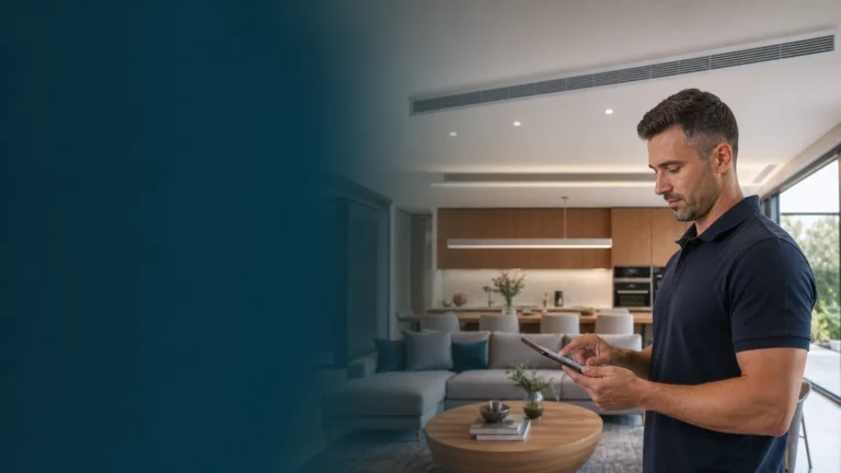 Technician commissioning ducted reverse-cycle air conditioning in a modern Melbourne home