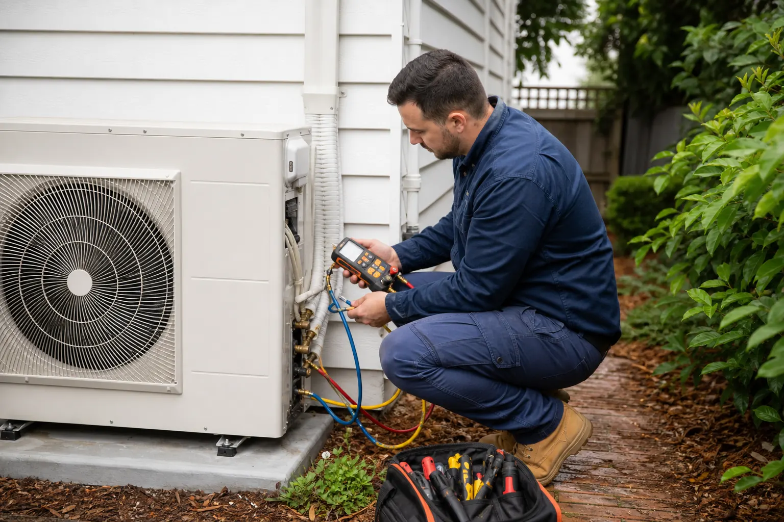 Technician diagnosing a Fujitsu outdoor air conditioning unit in Melbourne