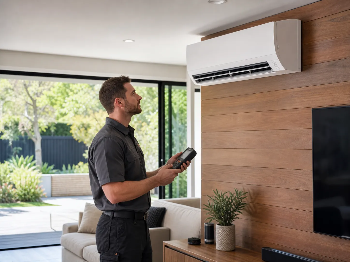 Technician inspecting a Fujitsu air conditioner in a Melbourne living room