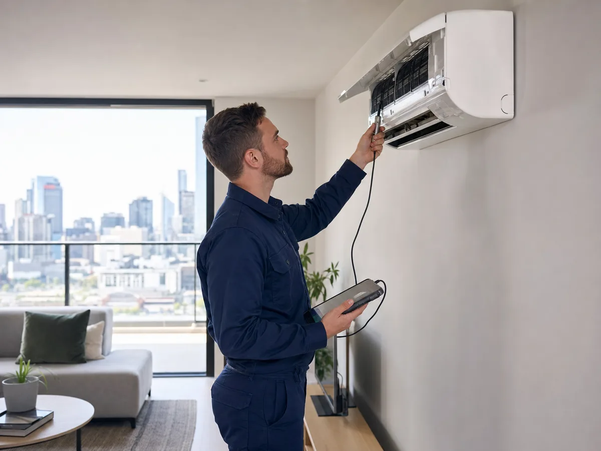 Technician checking a Gree inverter air conditioner in a Melbourne apartment
