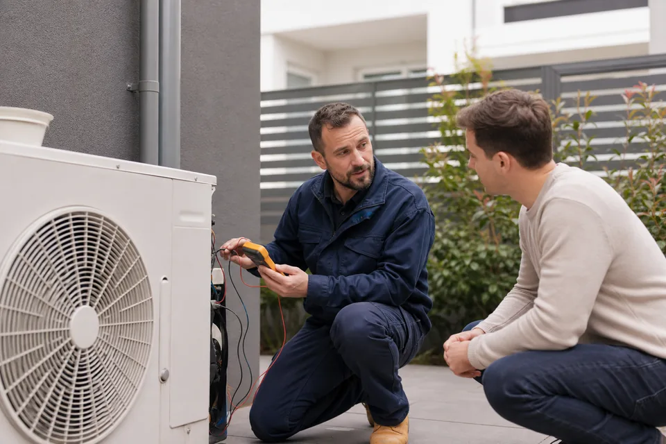 Technician explaining Gree air conditioner repair options beside an outdoor unit