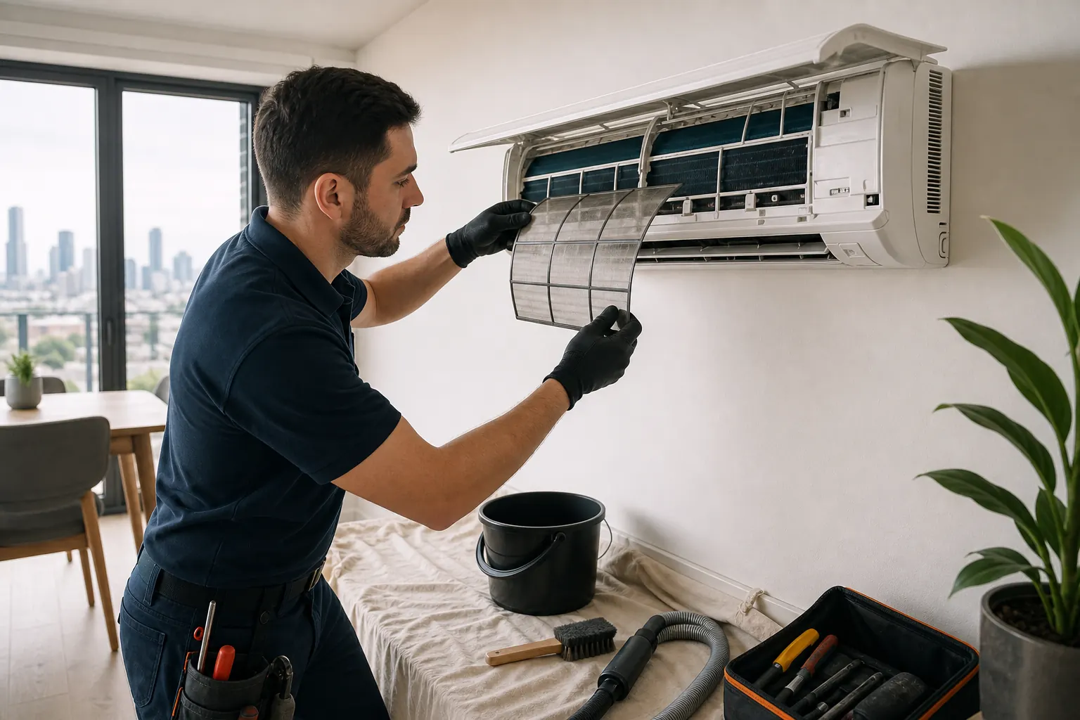 Technician cleaning a Haier wall-mounted air conditioner in Melbourne