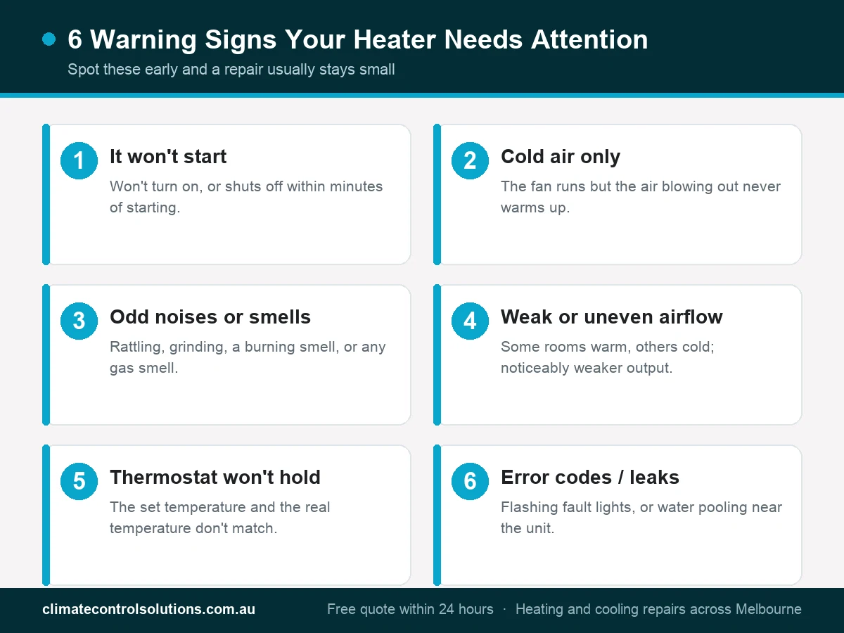 Infographic: six warning signs a Melbourne heater needs repair, won't start, cold air, odd noises, weak airflow, thermostat and error codes.