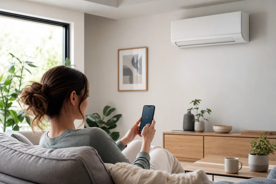 Homeowner controlling a Hisense split system from a smartphone in a Melbourne living room