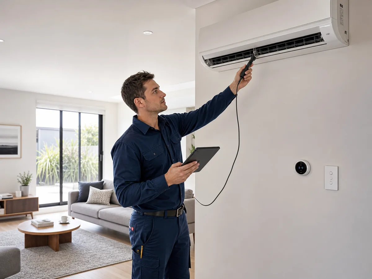 Technician checking a Hisense wall-mounted air conditioner in a Melbourne home