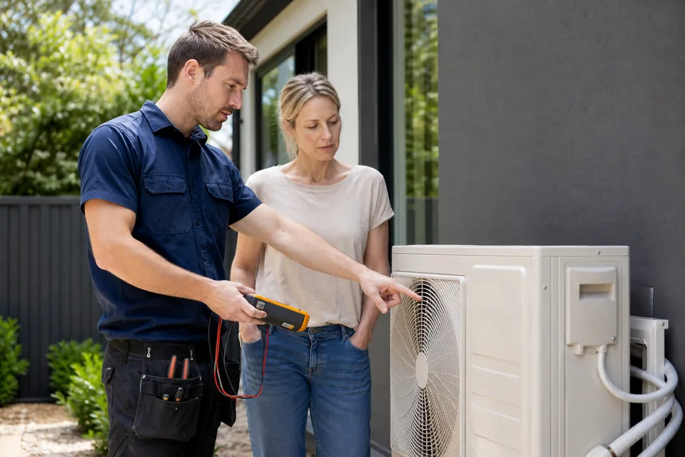 Technician explaining Hisense air conditioner repair options after diagnosis