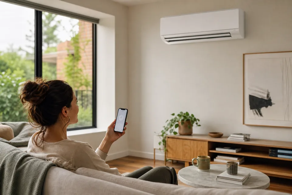 Homeowner controlling a Hitachi split system from a smartphone in a Melbourne living room