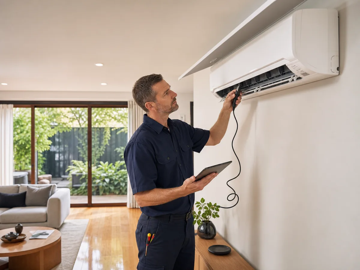 Technician checking a Hitachi wall-mounted air conditioner in a Melbourne home