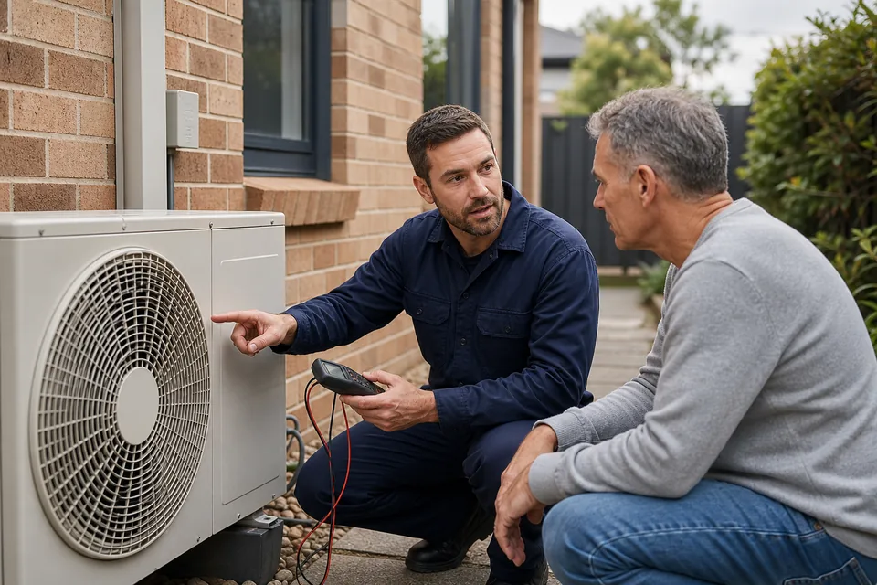 Technician explaining Hitachi air conditioner repair options after a system diagnosis