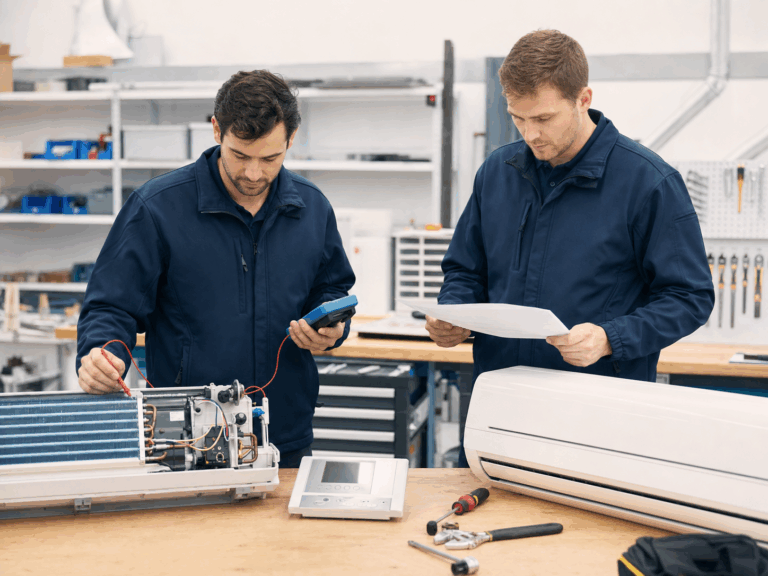 Two HVAC technicians testing and reviewing different residential air conditioning systems