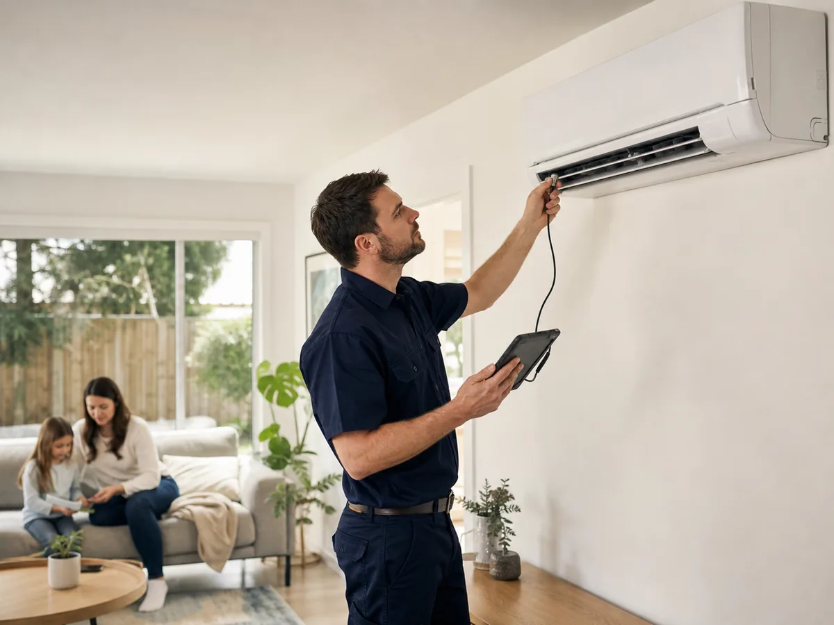 Technician checking a Kelvinator wall-mounted air conditioner in a Melbourne home