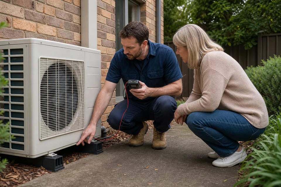 Technician explaining Kelvinator air conditioner repair options beside an outdoor unit