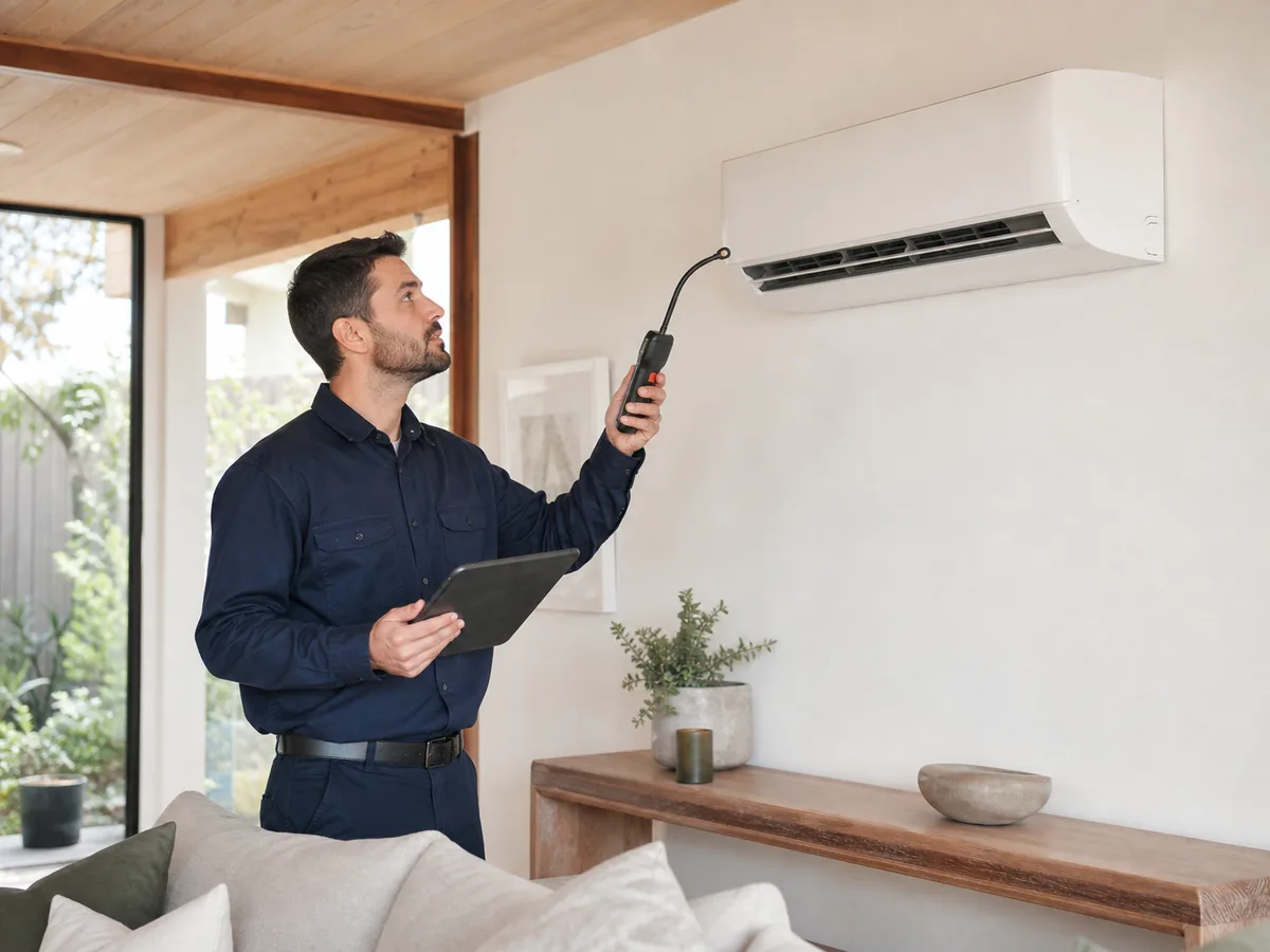 Technician checking a Midea wall-mounted air conditioner in a Melbourne home