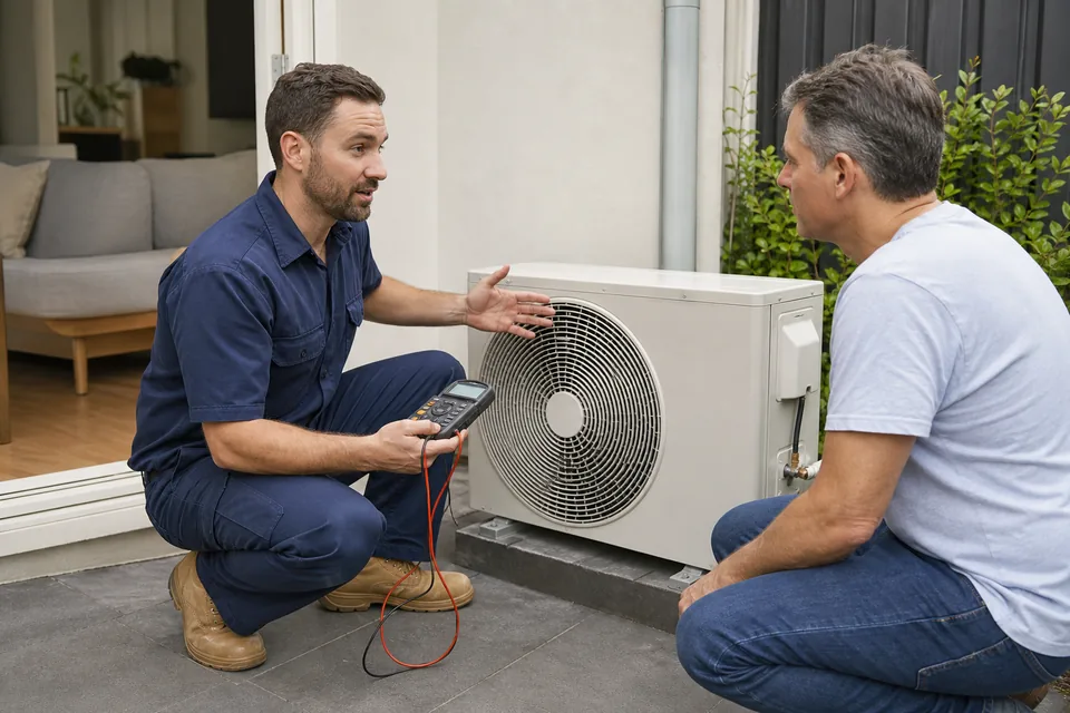 Technician explaining Midea air conditioner repair options beside an outdoor unit
