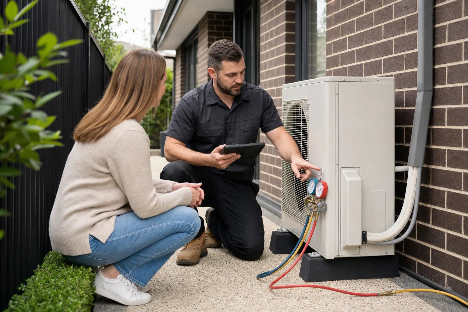 Technician diagnosing a Mitsubishi Electric outdoor air conditioning unit in Melbourne