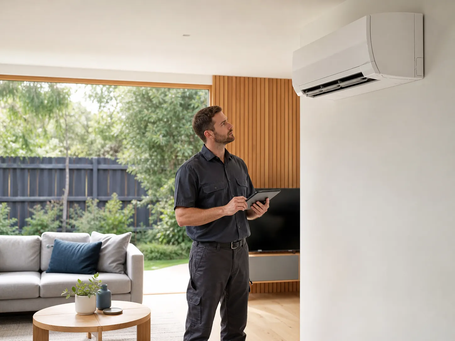 Technician checking a Mitsubishi Electric split system in a Melbourne home