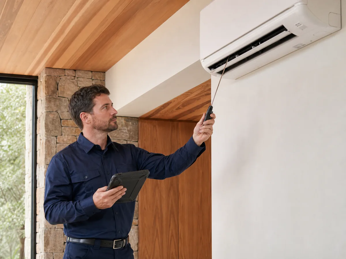 Technician checking a Mitsubishi Heavy Industries wall-mounted air conditioner in Melbourne