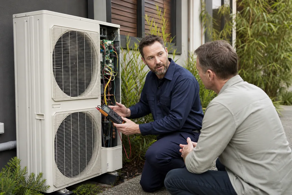 Technician explaining Mitsubishi Heavy Industries air conditioner repair options after diagnosis