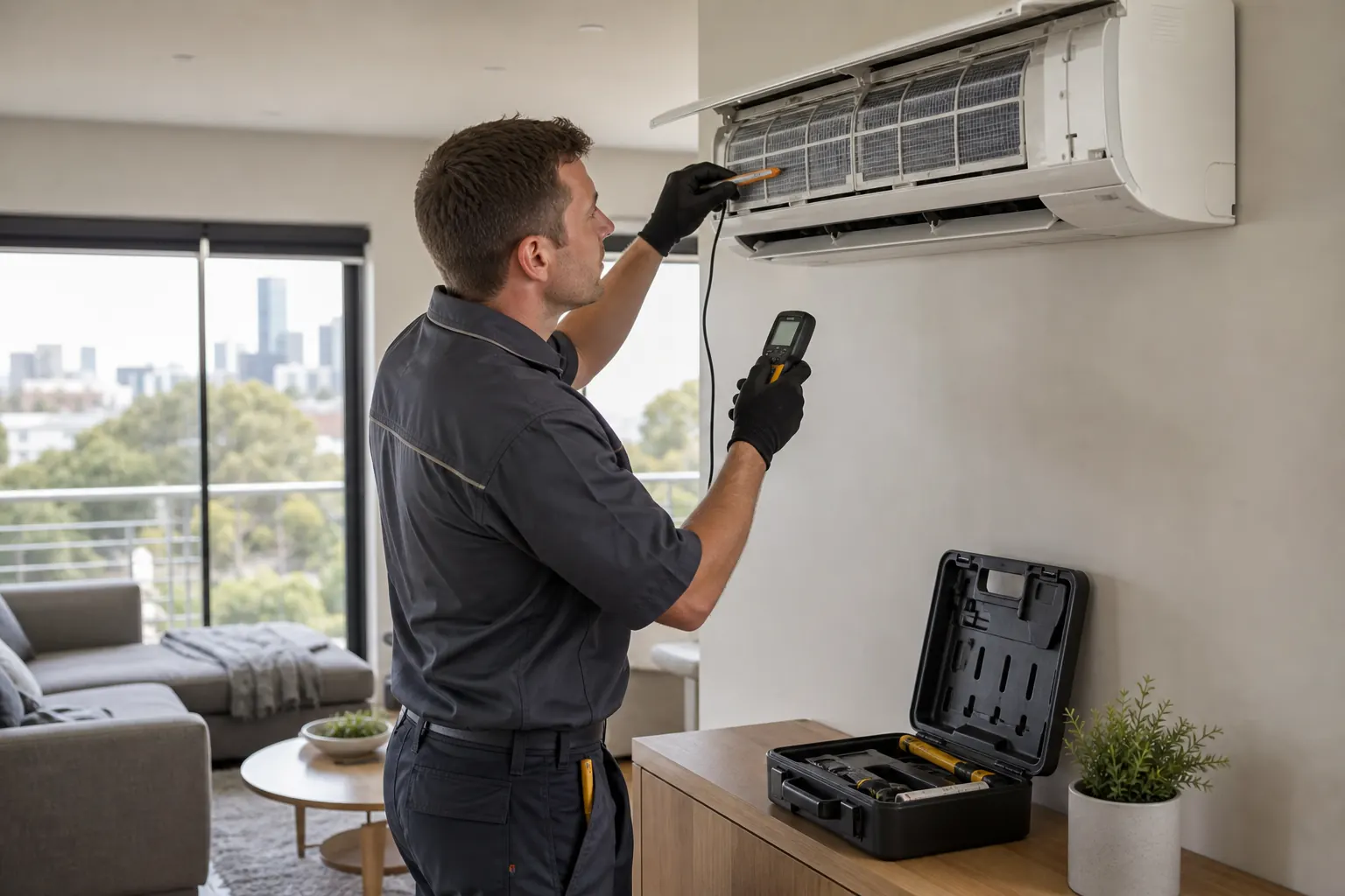 Technician servicing a Panasonic wall-mounted air conditioner in Melbourne