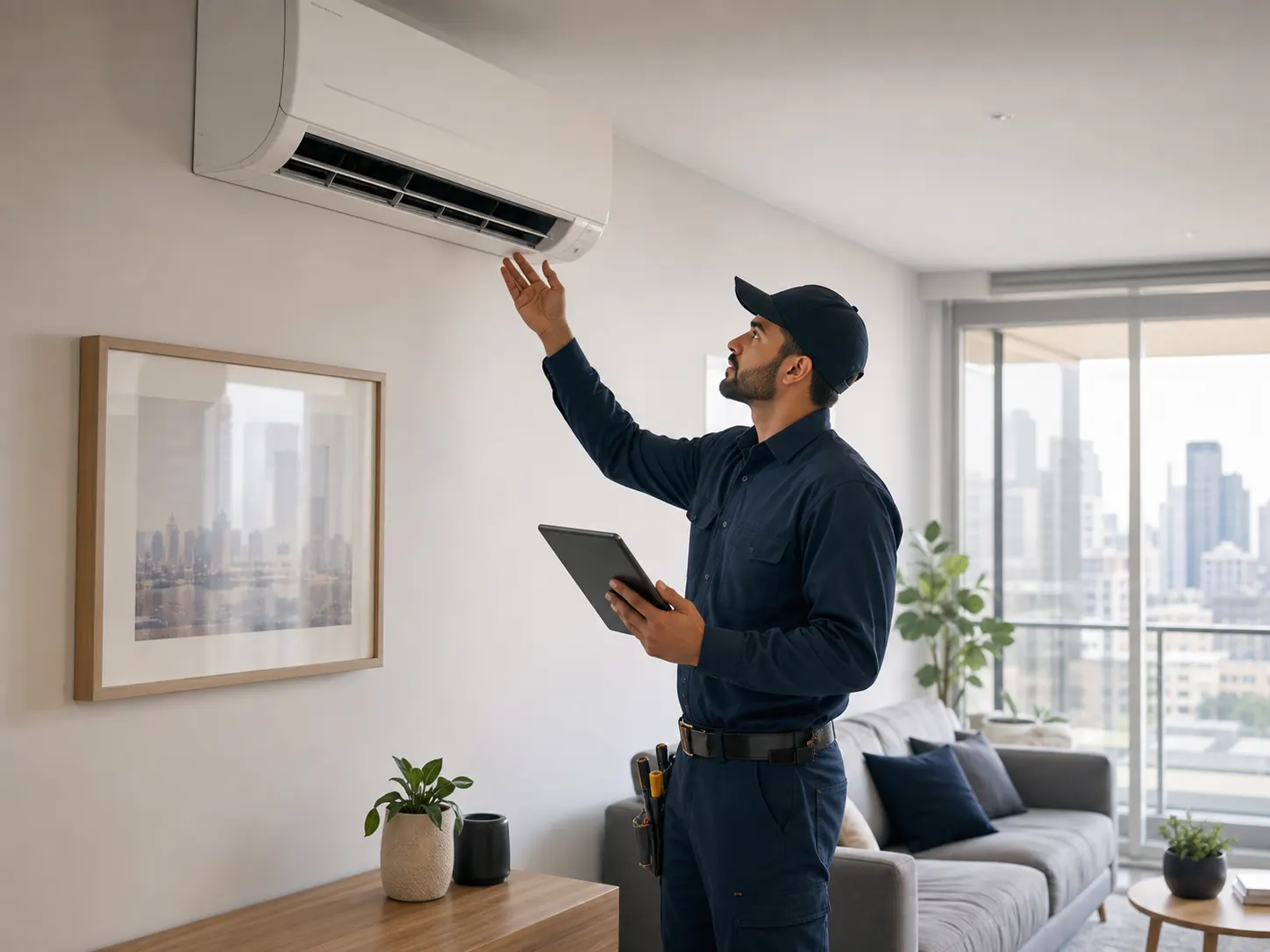 Technician checking a Panasonic split system air conditioner in Melbourne