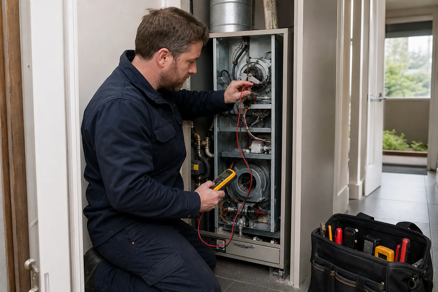 Technician maintaining a Rinnai gas ducted heater in Melbourne