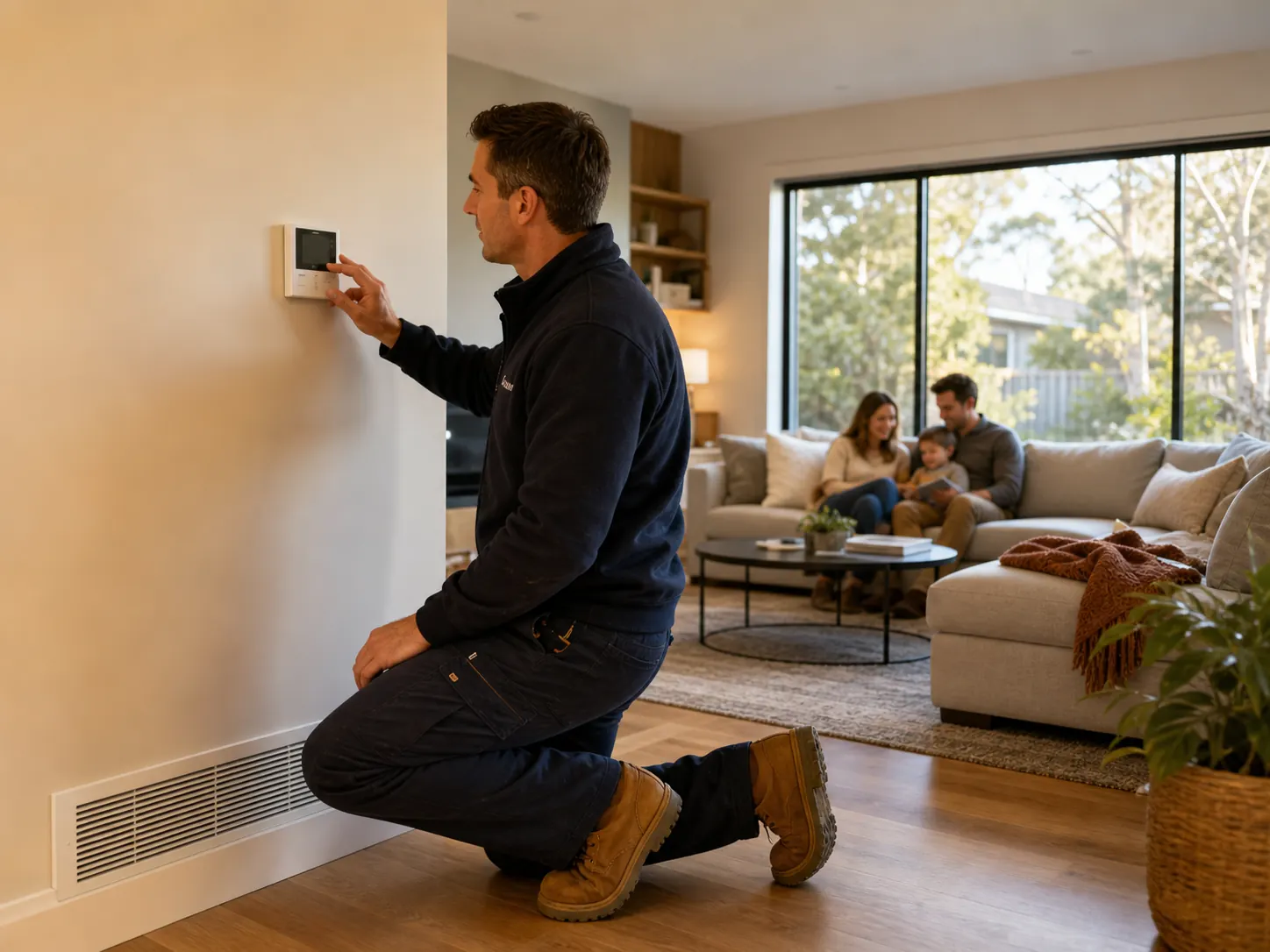 Technician commissioning a Rinnai ducted heating system in a Melbourne home