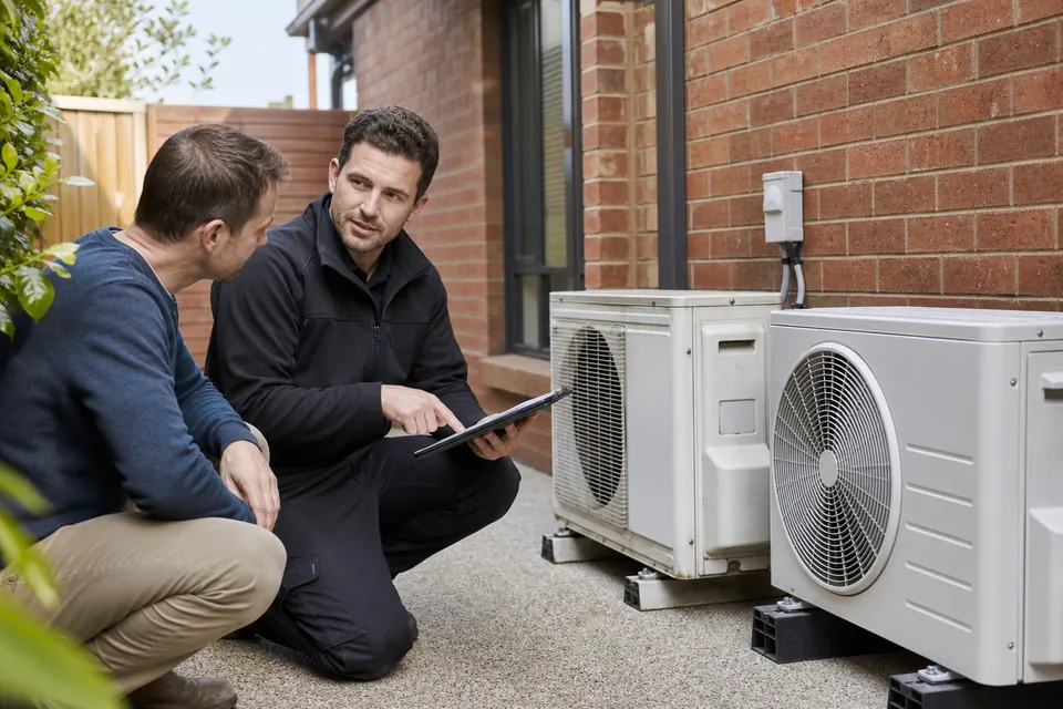 Technician discussing air conditioner repair and replacement options with a Melbourne homeowner