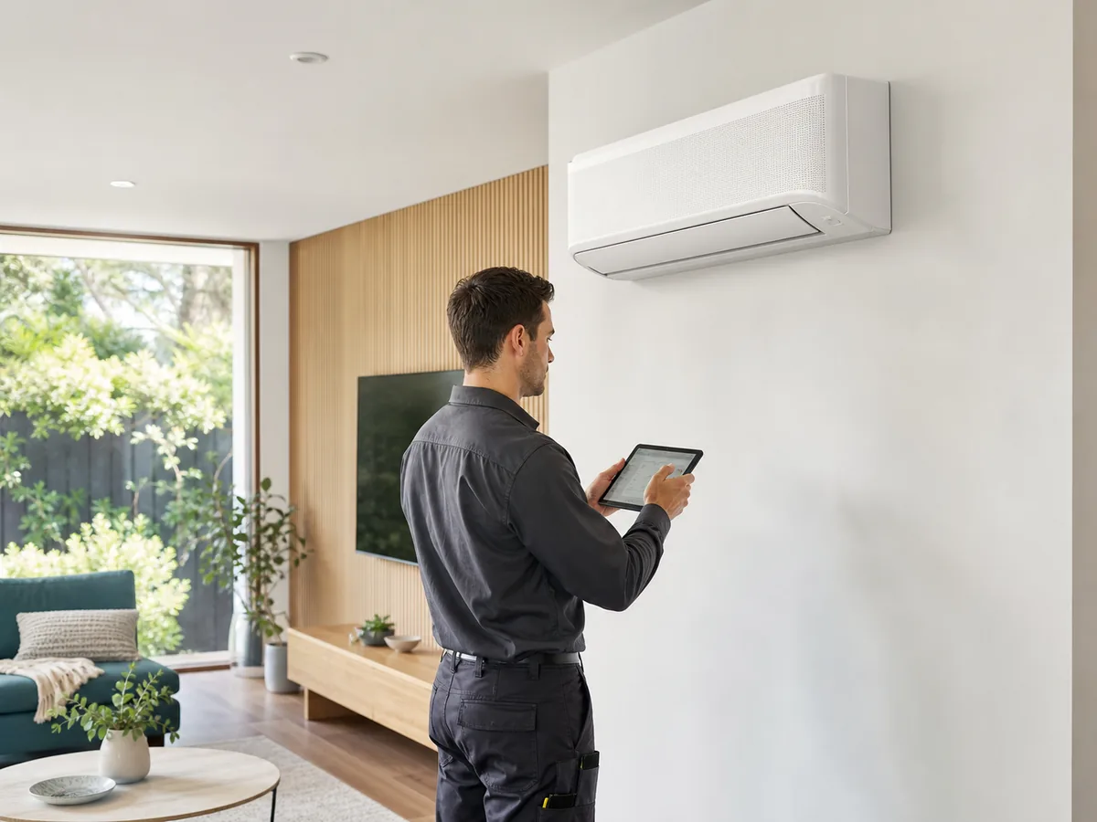 Technician checking a AUX wall-mounted air conditioner in a Melbourne home